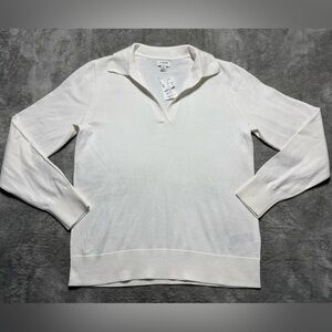 J Crew Collared V Neck Sweater Polo Long Sleeve Womens S White Preppy Old Money